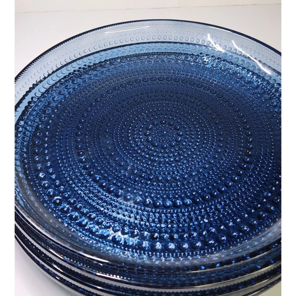 Set of 4 Iittala Kastehelmi Blue Rain Plates Oiva Toikka 9 5/8